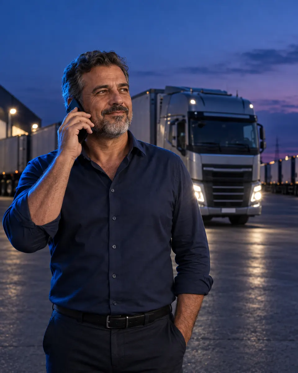 Dono de transportadora ao telefone no pátio, com caminhão ao fundo
